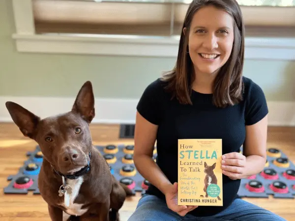Christina Hunger with her dog, Stella, the first widely known example of a success story for how to teach a dog to talk with buttons