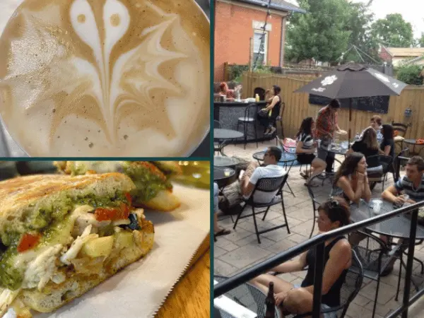 A collage showing the patio, food, and coffee of Highlands Cork and Cafe, a dog-friendly cafe in Denver
