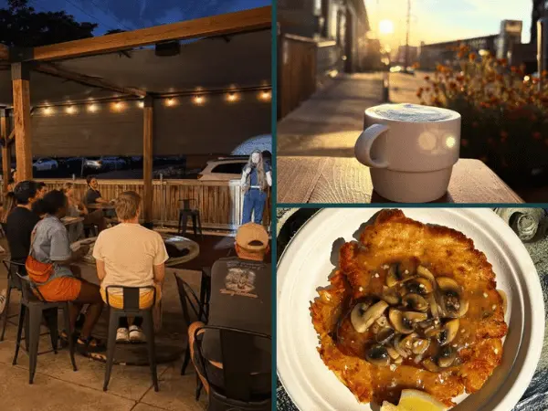 A collage showing the patio, food, and coffee of Waldschänke Ciders + Coffee, a dog-friendly coffee shop and cidery in Denver