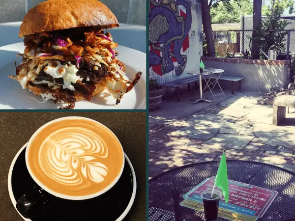 A collage showing the patio, food, and coffee of Crema Coffee House, a dog-friendly cafe in Denver