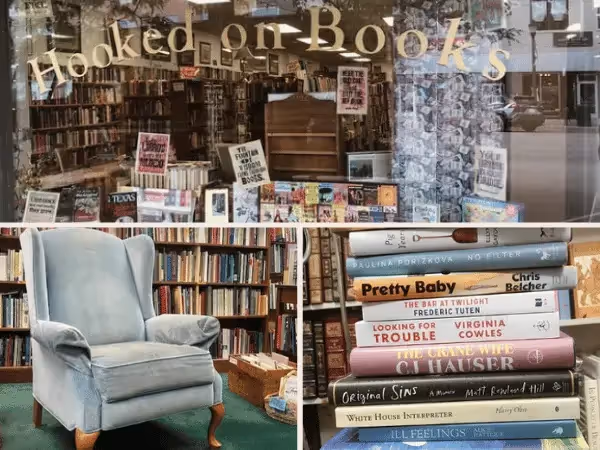 A collage showing the window, interior, and a stack of books from Hooked on Books, a dog-friendly store in Colorado Springs