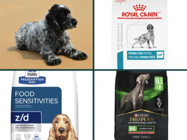 Examples of dog food for allergies from Royal Canin, Hill’s, and Purina Pro with hydrolyzed protein