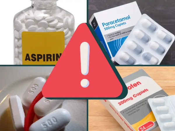 A collage showing aspirin, paracetamol, acetaminophen, and ibuprofen with a caution symbol, indicating that these pain medications are not safe for dogs