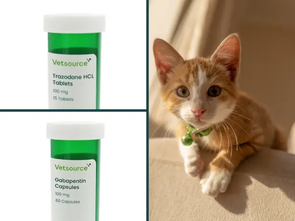 A photo of a calm ginger cat next to anti-anxiety medications for cats often used on a short-term basis, including gabapentin and trazodone