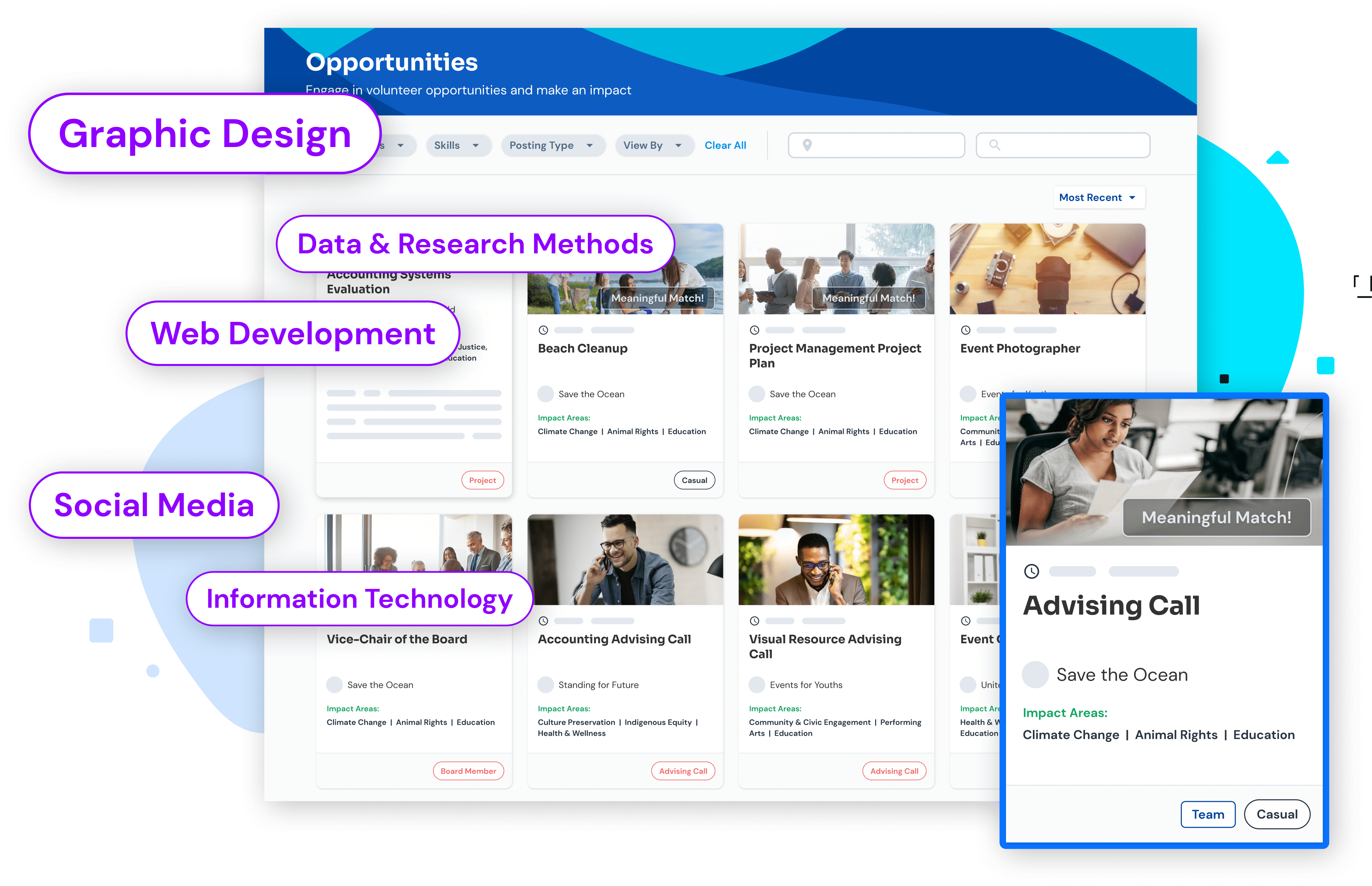 Opportunities page for employee volunteers to find opportunities they care about.