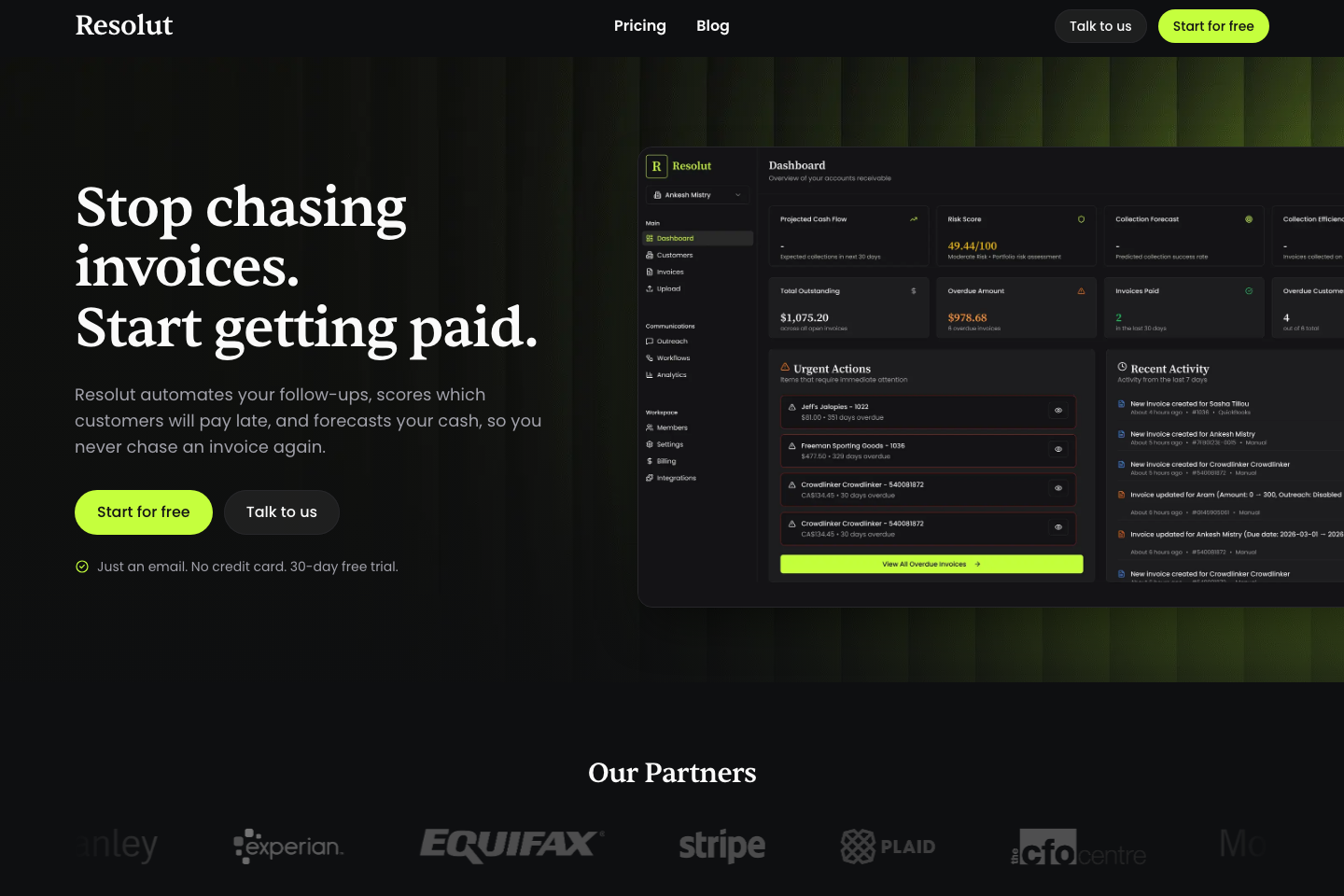 Resolut website hero showing the AI accounts receivable dashboard with the headline 'Stop chasing invoices. Start getting paid.'