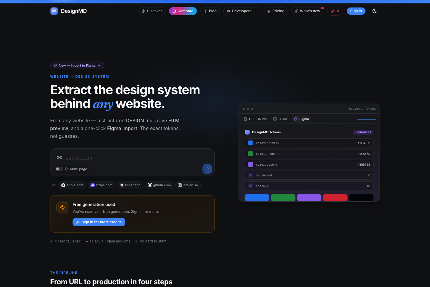 DesignMD website hero: extract the design system behind any website into a DESIGN.md file with tokens and Figma import