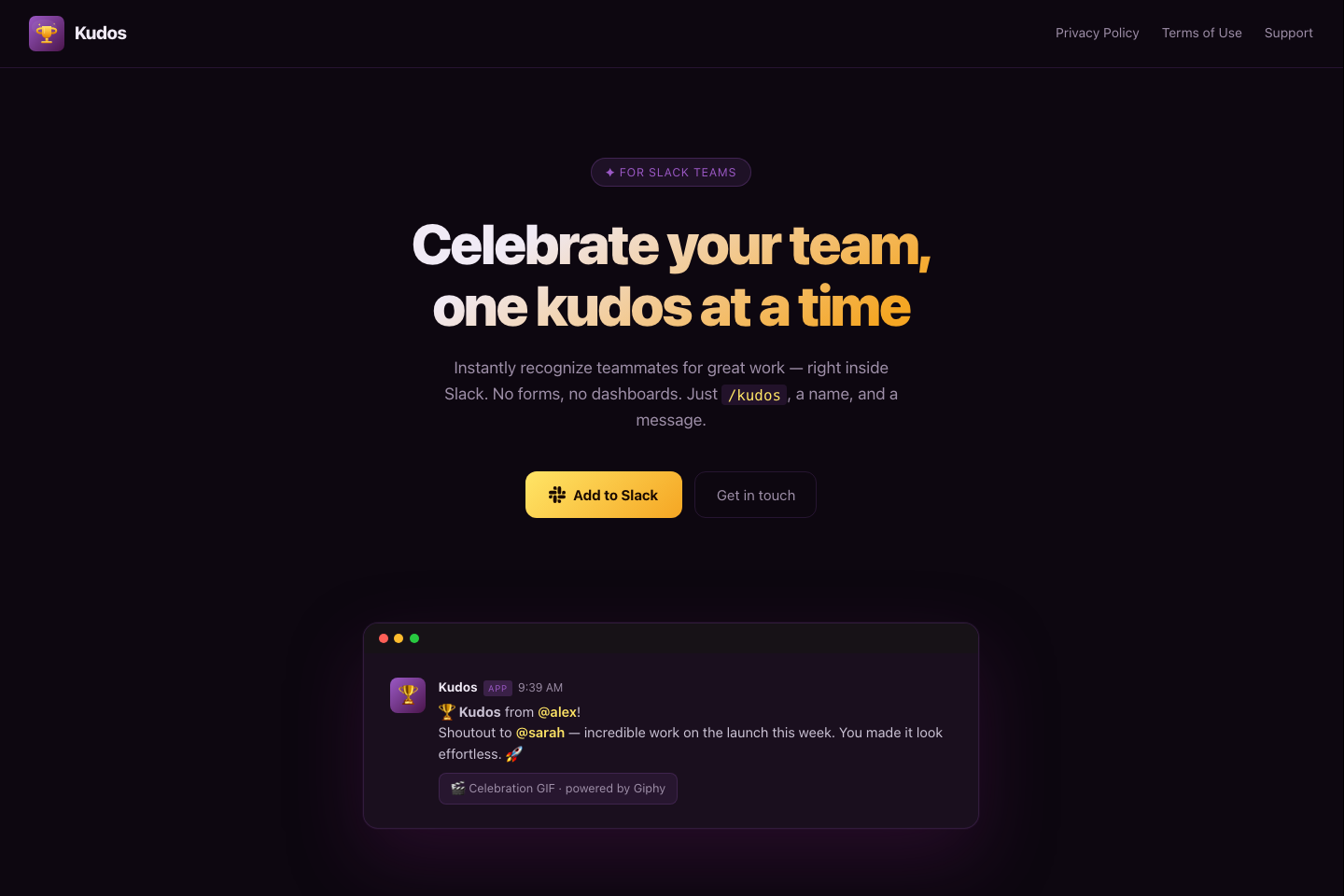 Kudos Slack app website hero: celebrate your team, one kudos at a time, with an example /kudos shoutout message