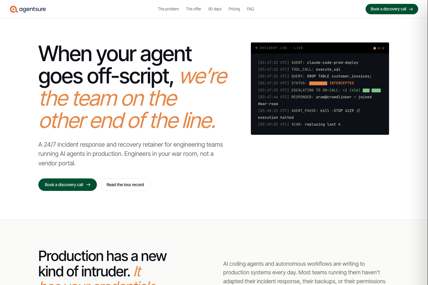 Agentsure website hero: 24/7 incident response for engineering teams running AI agents in production, with a live incident log