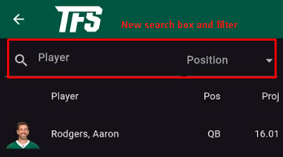 Tailgate in-app screenshot showing a new player search box and position filter
