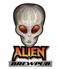 A logo and button for the Alien Brewpub fantasy football league in Albuquerque, NM