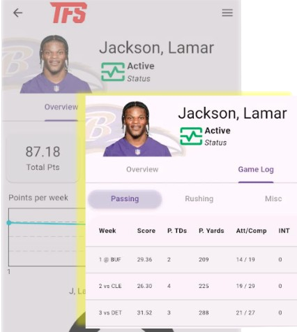In-app screenshot of Lamar Jackson's gamelog through NFL week 3
