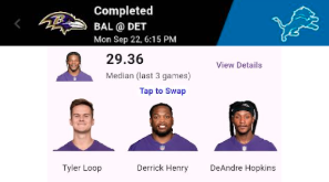 In-app screenshot showing a Tailgate lineup and Baltimore Ravens vs Detroit Lions game info and logos