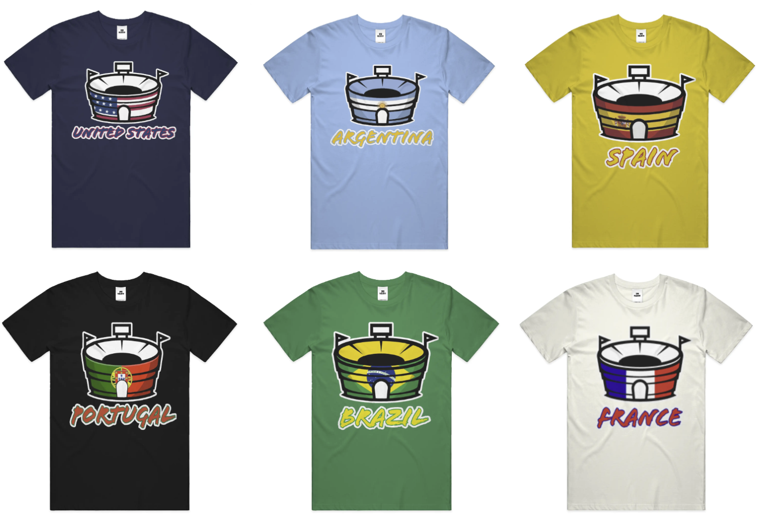 A lineup of World Cup themed t shirts showing Tailgate Fantasy Sports cup logo wrapped in country flags. From top left to bottom right: United States, Argentina, Spain, Portugal, Brazil, France
