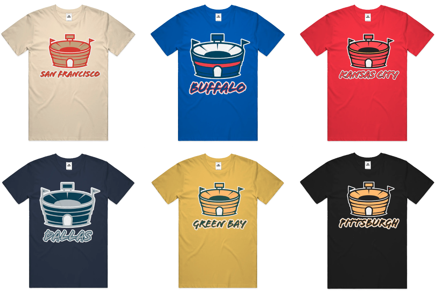 A lineup of NFL team themed t shirts showing Tailgate Fantasy Sports cup logo in different team colors From top left to bottom right: San Francisco 49ers, Buffalo Bills, Kansas City Chiefs, Dallas Cowboys, Green Bay Packers, Pittsburgh Steelers