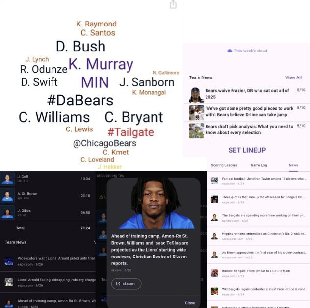 In app screenshots showing a Chicago Bears team-colored word cloud and player news from the Detroit Lions and Cincinnati Bengals