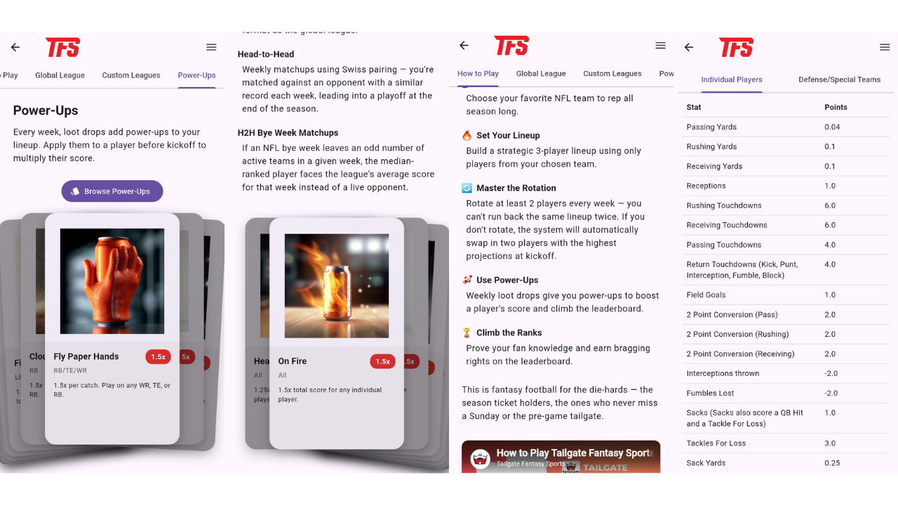 In-app screenshots showing the new and improved "how to play" screens in the Tailgate Fantasy Sports app. Screenshots include power up examples, the primary rules and YouTube explainer video, and scoring matrix