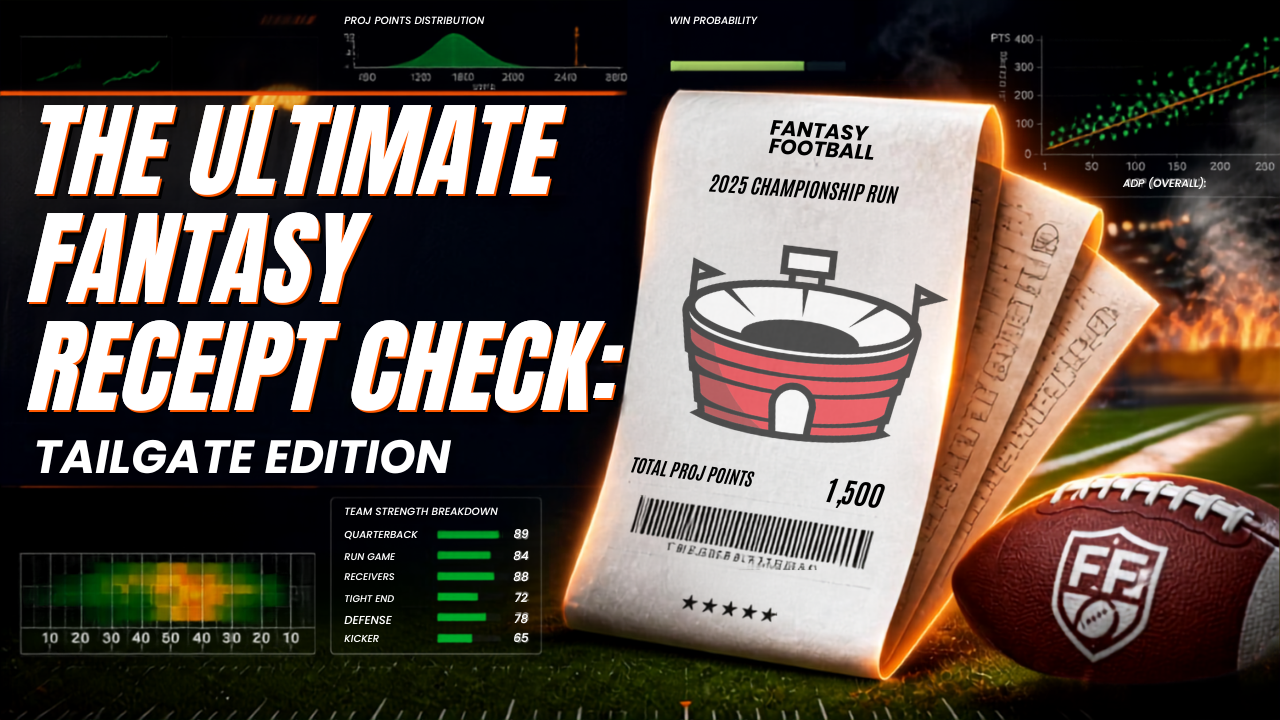 A thumbnail with the title "The Ultimate Fantasy Receipt Check: Tailgate Edition". Advanced analytics and American football imagery is shown on the thumbnail. The article is a deep dive 2025 NFL season recap based on scoring in the Tailgate Fantasy Sports app