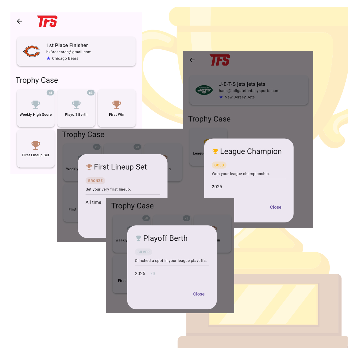 In-app screenshot from the Tailgate Fantasy Sports app showing the new Trophy Case feature and example achievements.