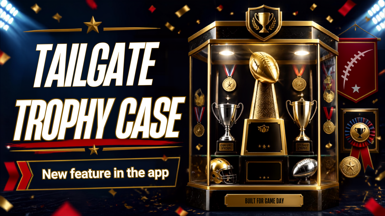 A thumbnail with the title "Tailgate Trophy Case" featuring football trophies and medals prominently. Clicking on the thumbnail takes visitors to a page about a new feature that has been added to the Tailgate Fantasy Sports mobile app.
