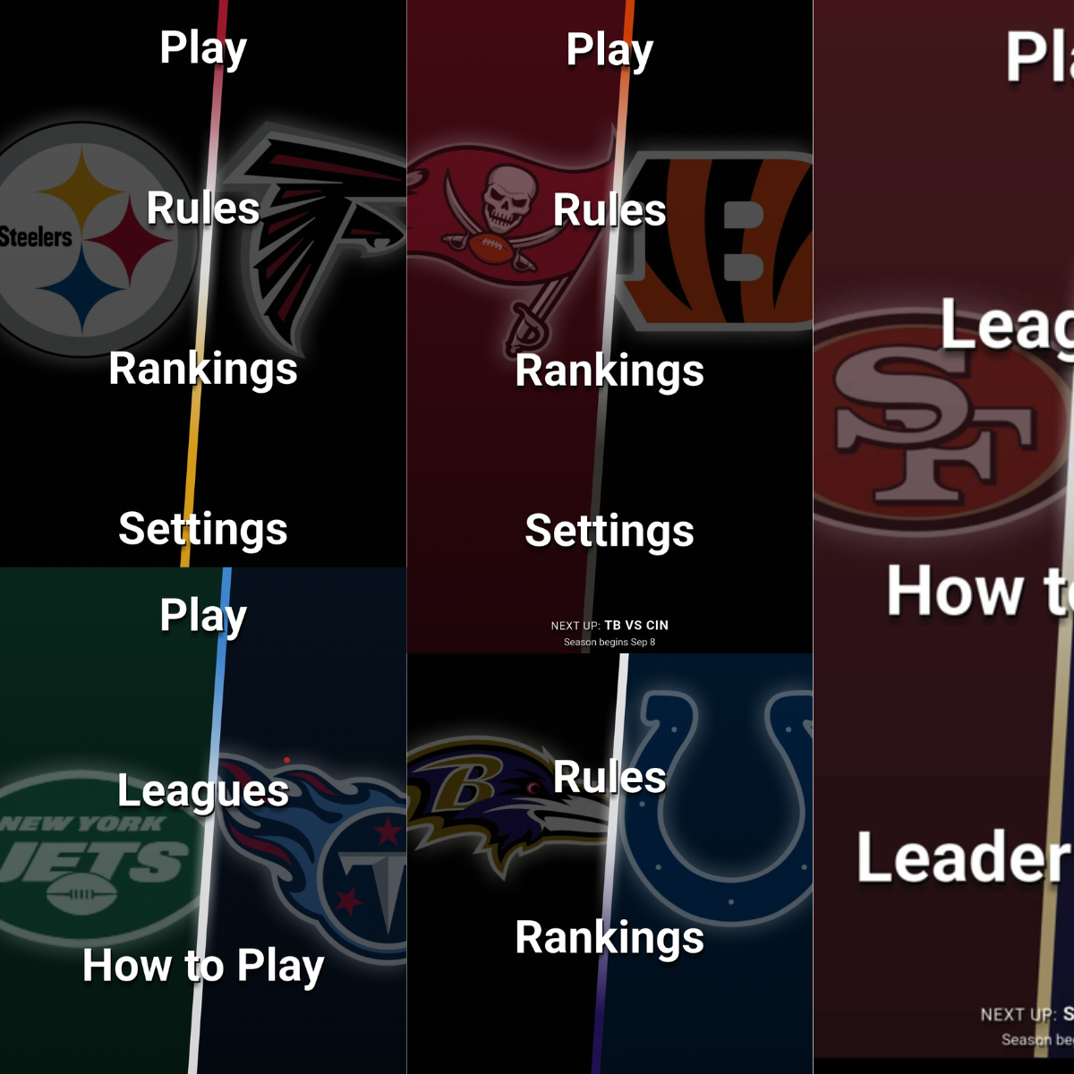 In-app screenshots of the Tailgate Fantasy Sports game menu/lobby with updated themes. The menu now shows the current week's matchup and changes dynamically throughout the season. Shown from upper left: Pittsburgh Steelers vs Atlanta Falcons, Tampa Bay Bucs vs Cincinnati Bengals, New York Jets vs Tennessee Titans, Baltimore Ravens vs Indianapolis Colts, San Francisco 49ers vs Los Angeles Rams