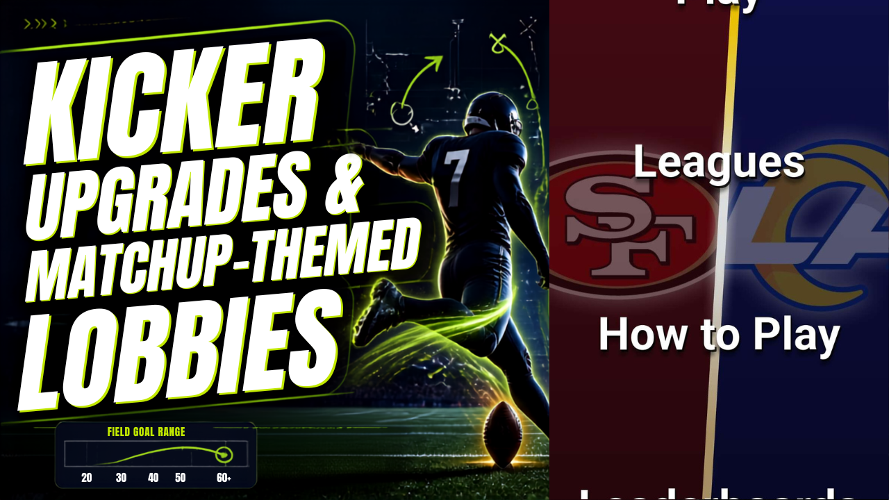 A thumbnail with the title "Kicker Upgrades & Matchup-Themed Lobbies". Image shows an american football kicker attempting a field goal and an in-app screenshot of the updated Tailgate Fantasy Sports main menu with a dynamic matchup shown for week 1 of the NFL season, San Francisco 49ers vs Los Angeles Rams