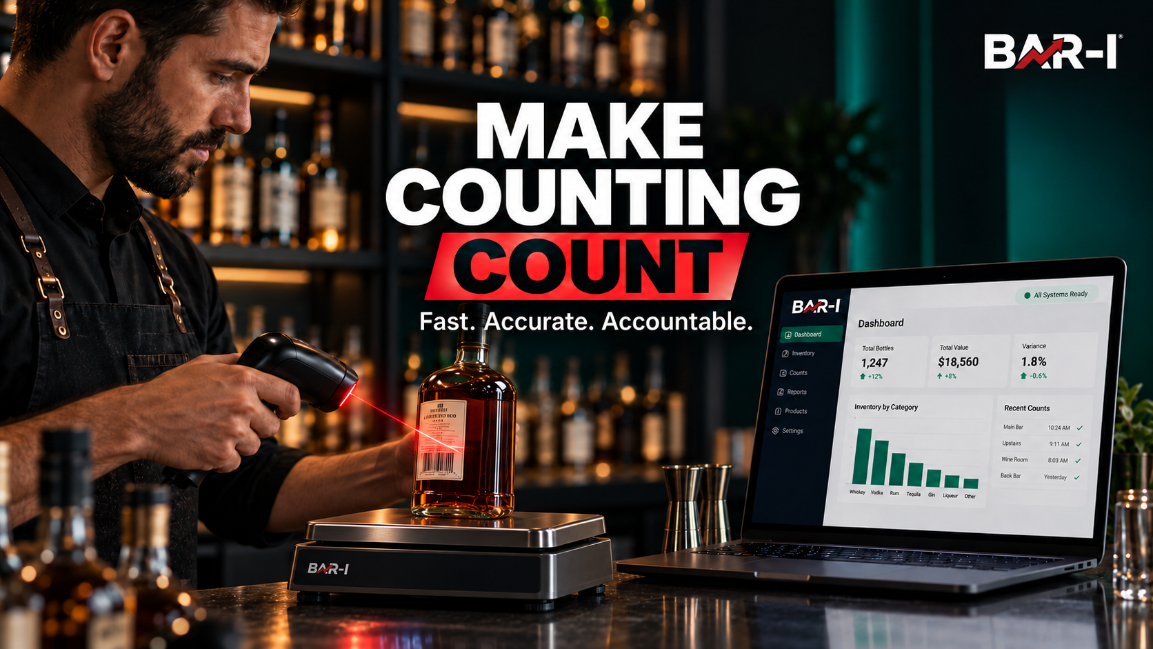 Bartender scanning a bottle with a barcode scanner next to a laptop showing the Bar-i inventory dashboard — Make Counting Count