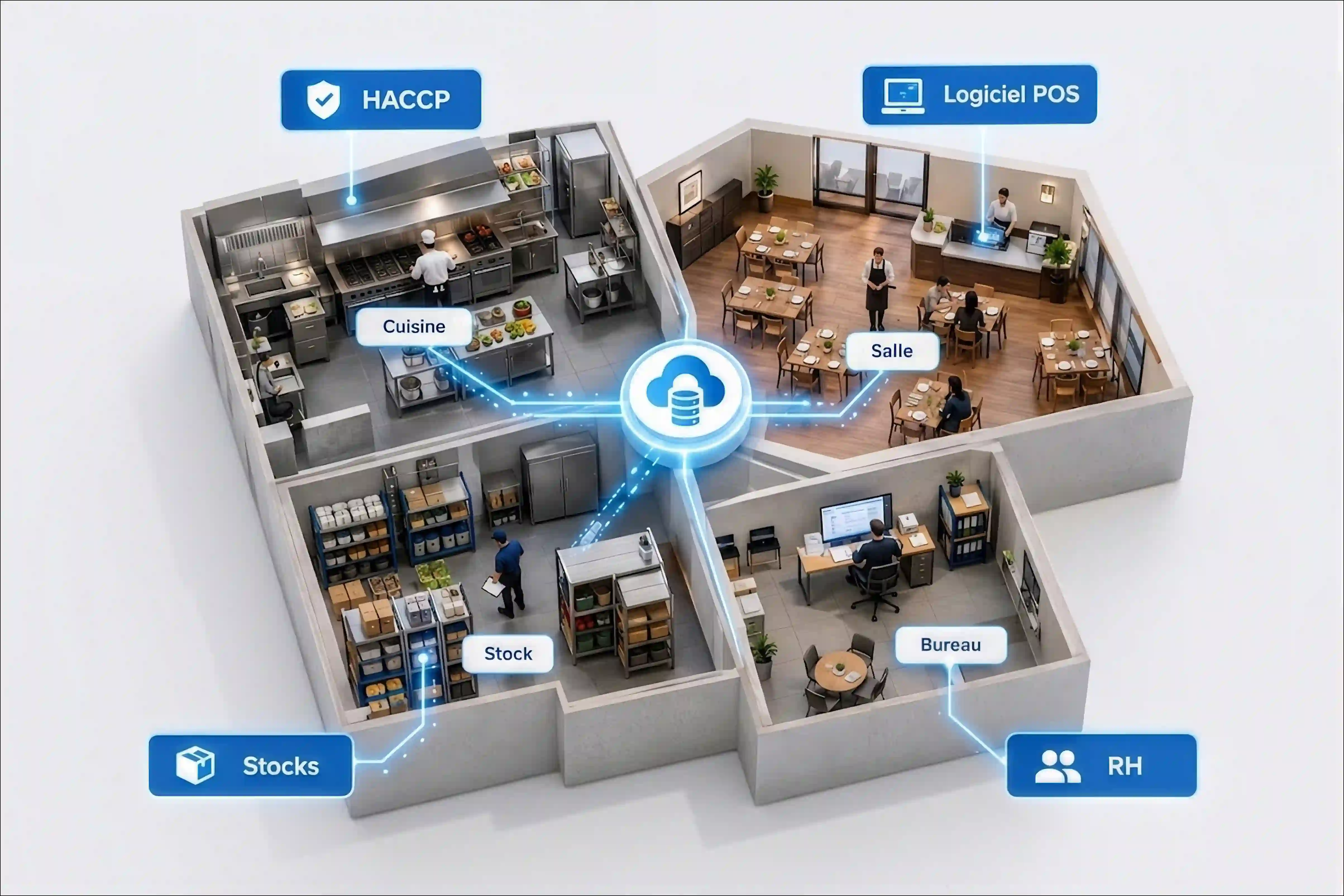 Image représentant une maquette d'un restaurant, avec les logiciels de restauration ( POS, HACCP, Stocks, RH) sont interconnectés entre eux. 