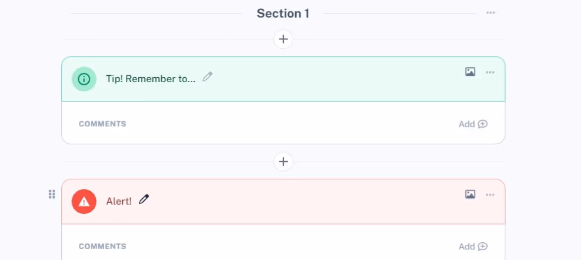 A screenshot of Scribe’s tips and alerts, showing a green text box reading “Tip! Remember to…” and a red text box reading “Alert!”