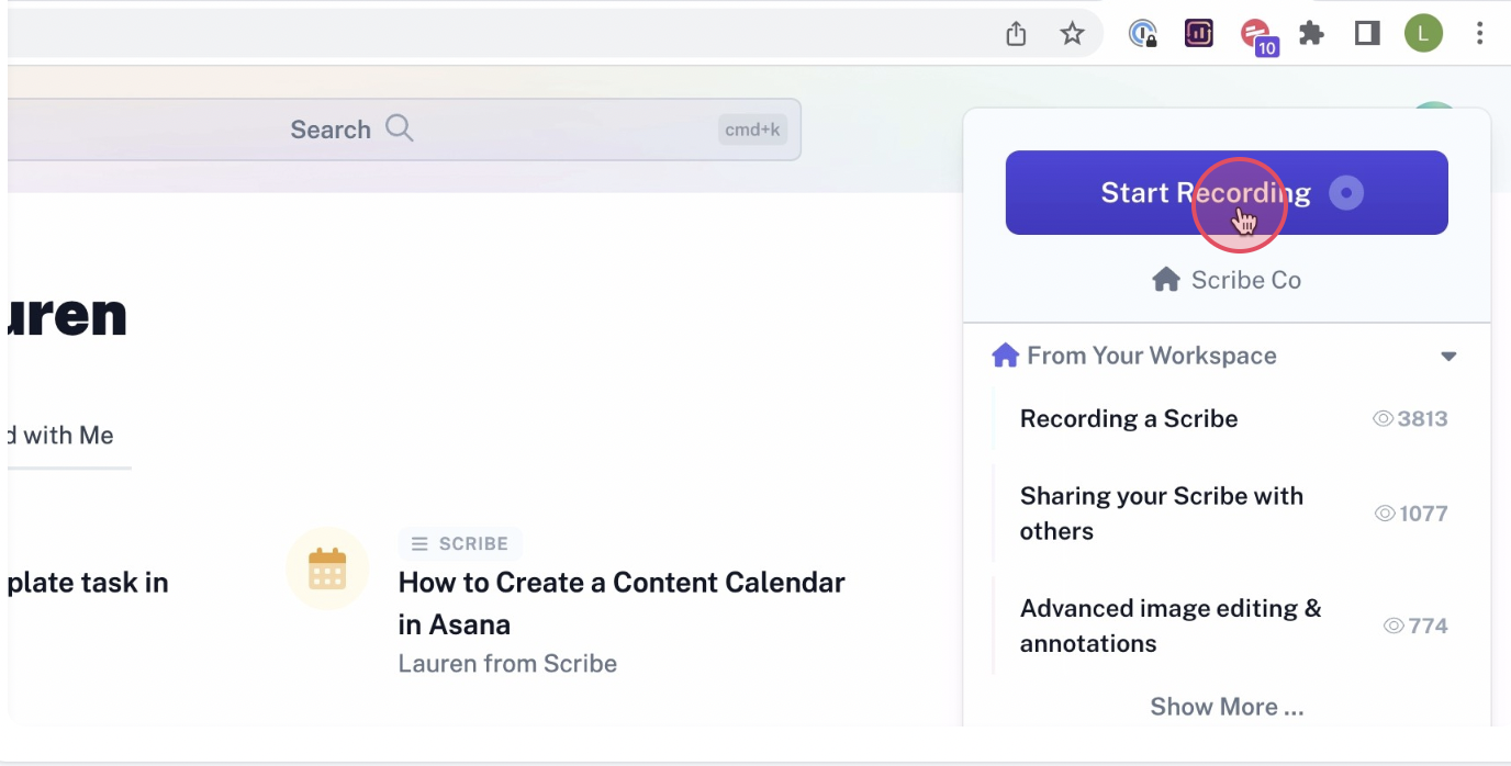 A screenshot showing the Scribe browser extension open on a webpage. On the right side is a cursor highlighting the “Start Recording” button, and on the left is a webpage showing completed Scribes.