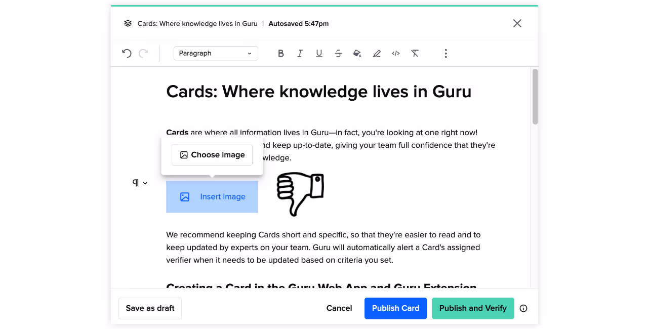 Screenshot of Guru Card editor.