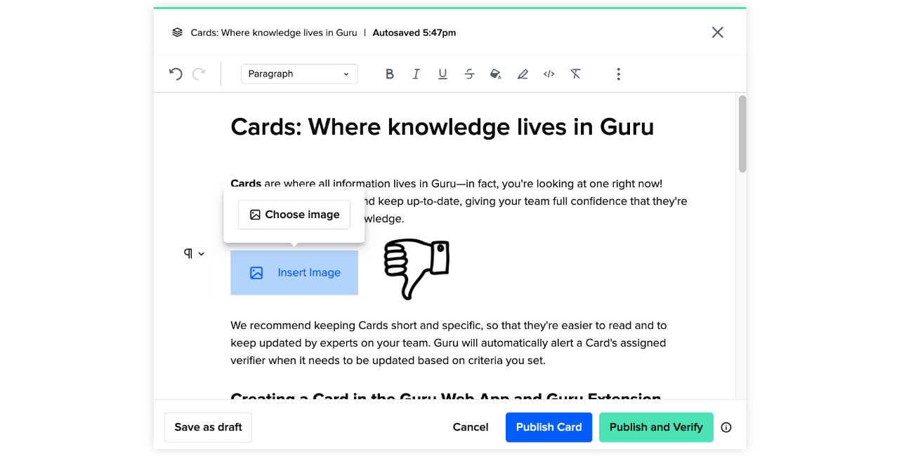 Screenshot of Guru Card editor.