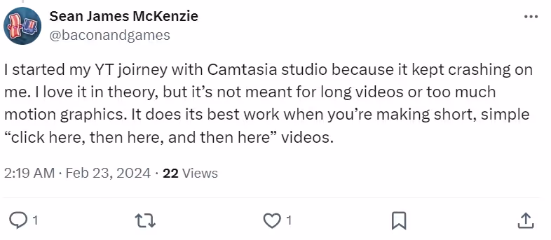Camtasia review on Twitter from @baconandgames