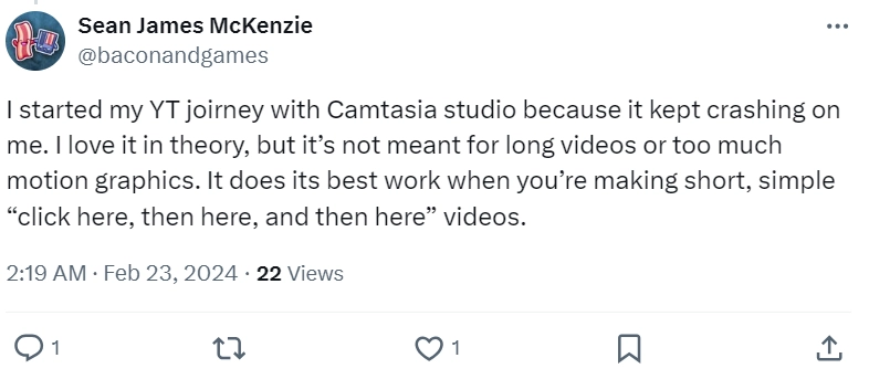 Camtasia review on Twitter from @baconandgames