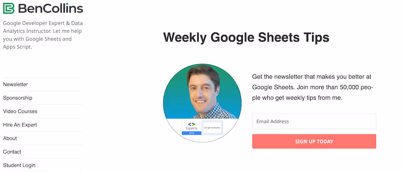 Ben Collins Weekly Google Sheets Tips home page