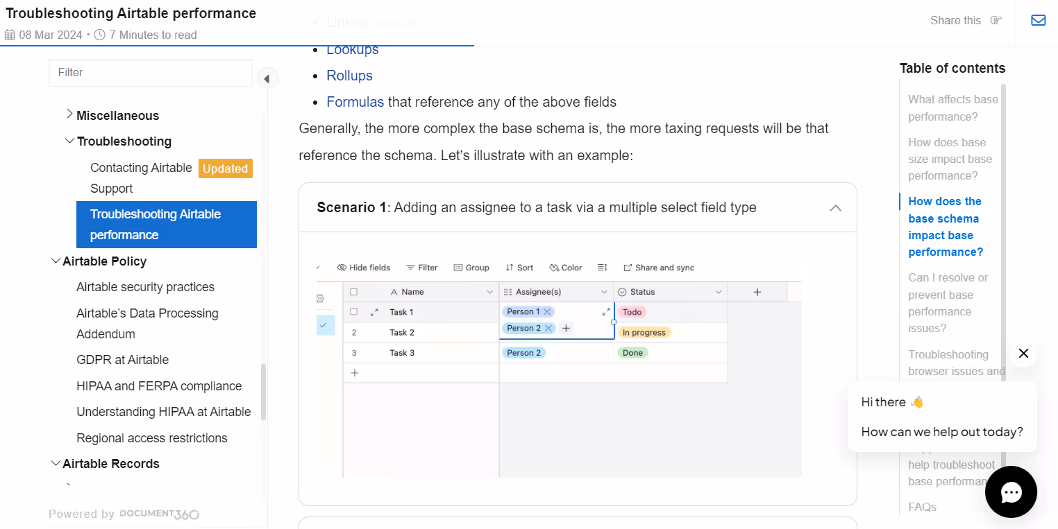 A screenshot of Airtable’s troubleshooting steps in an accordion-style format to solve the scenario “adding an assignee to a task via a multiple select field type.”