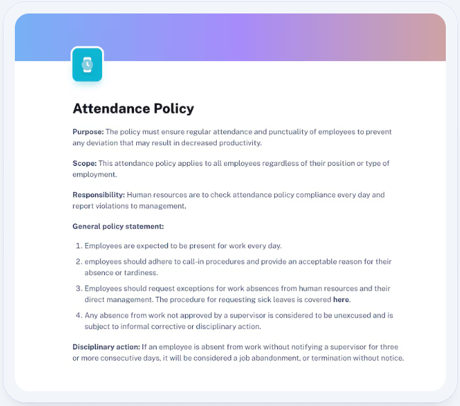 Scribe’s attendance policy template begins with sections describing the document's purpose and scope.