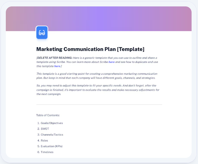 Scribe’s marketing communication plan template begins with placeholder text that describes how to use the template.