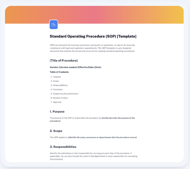 Scribe’s SOP template begins with a description of what SOPs are, followed by a title and table of contents.