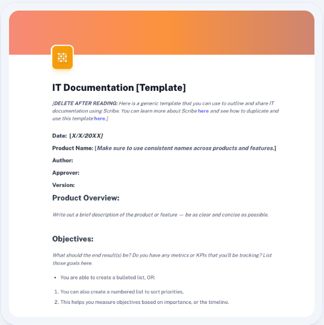 This IT documentation template begins with a section listing the date, product name, author and other details about the document.