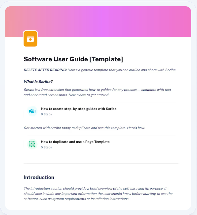 This software user guide template begins with some placeholder text about how to use Scribe.