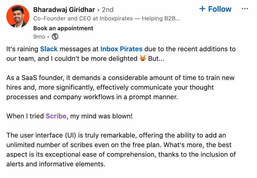 Bharadwaj Giridhar at Inboxpirates LinkedIn on how to use Scribe to onboard new hires