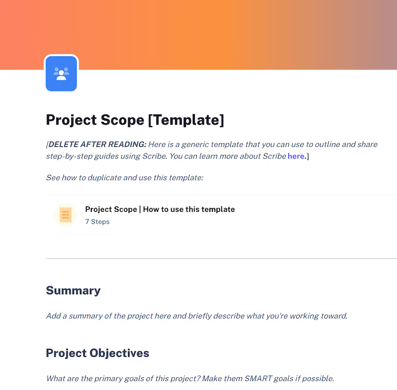 The Project Scope template starts with instructions on how to use the template. The headers “Summary” and “Project Objectives” follow.