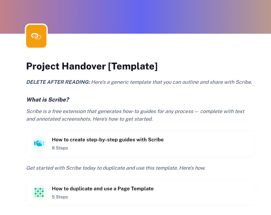 This Project Handover template begins with some placeholder text about how to use Scribe.