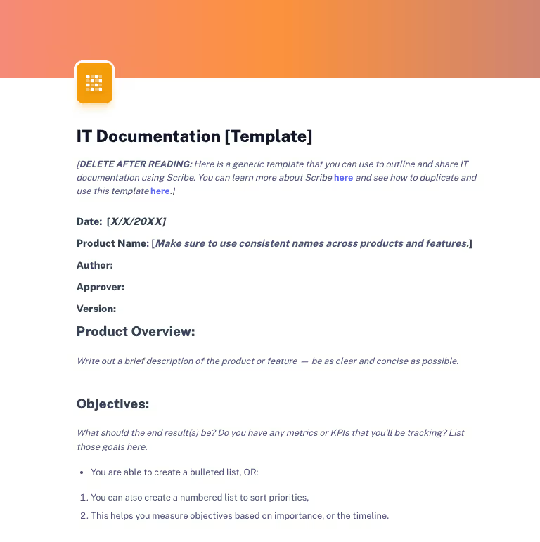 This IT Documentation template begins with some placeholder text before providing space for outlining basic details about the project.