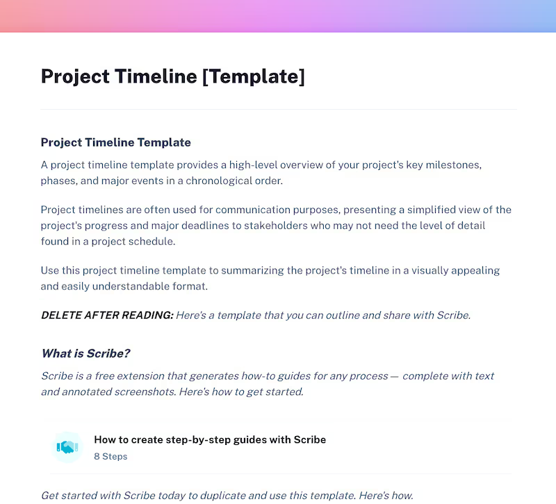 A screenshot of the Project Timeline template explains that the outline aims to provide a high-level overview of a project's major events.