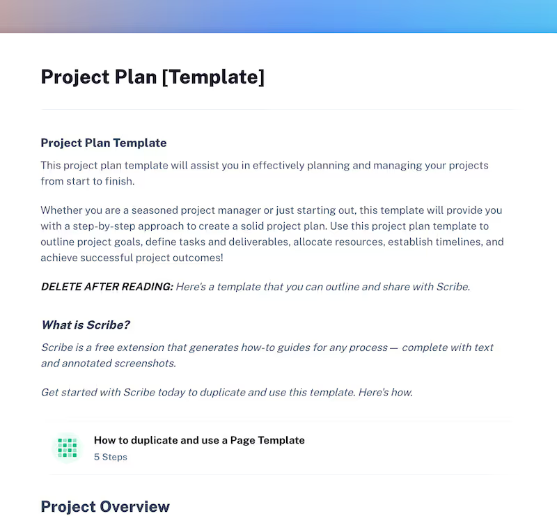 This Project Plan template begins with a description of how to use the template.