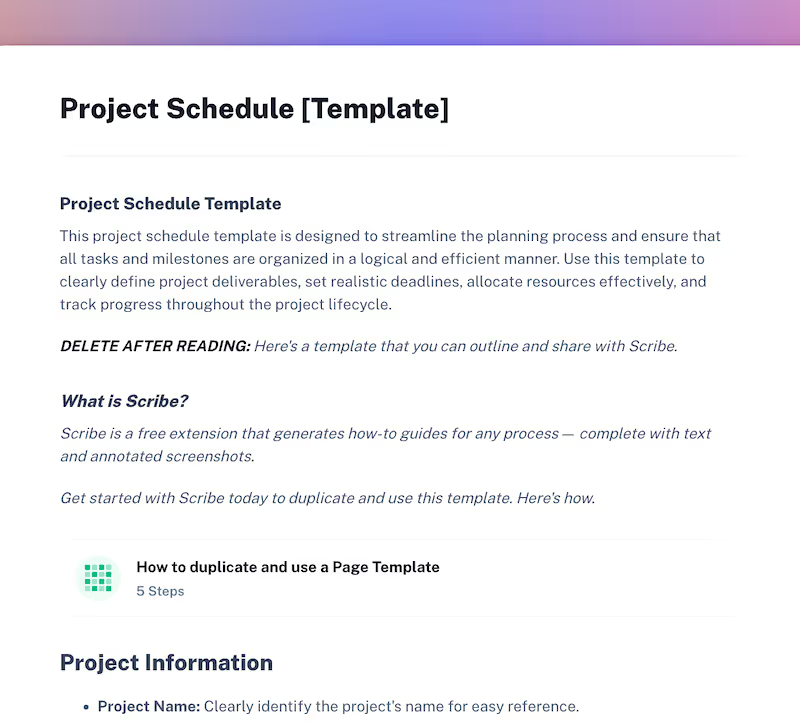 The Project Schedule template explains that its purpose is to clearly define project deliverables. Below that section, the outline tells readers more about Scribe.