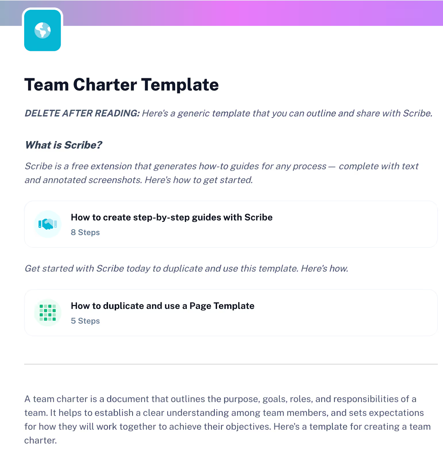 This Project Charter template begins with some placeholder text about how to use Scribe before providing a description of the template itself.