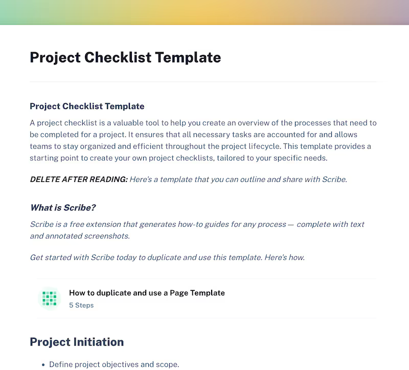 This screenshot of the Project Checklist template opens with a description of how to use each section before explaining Scribe.